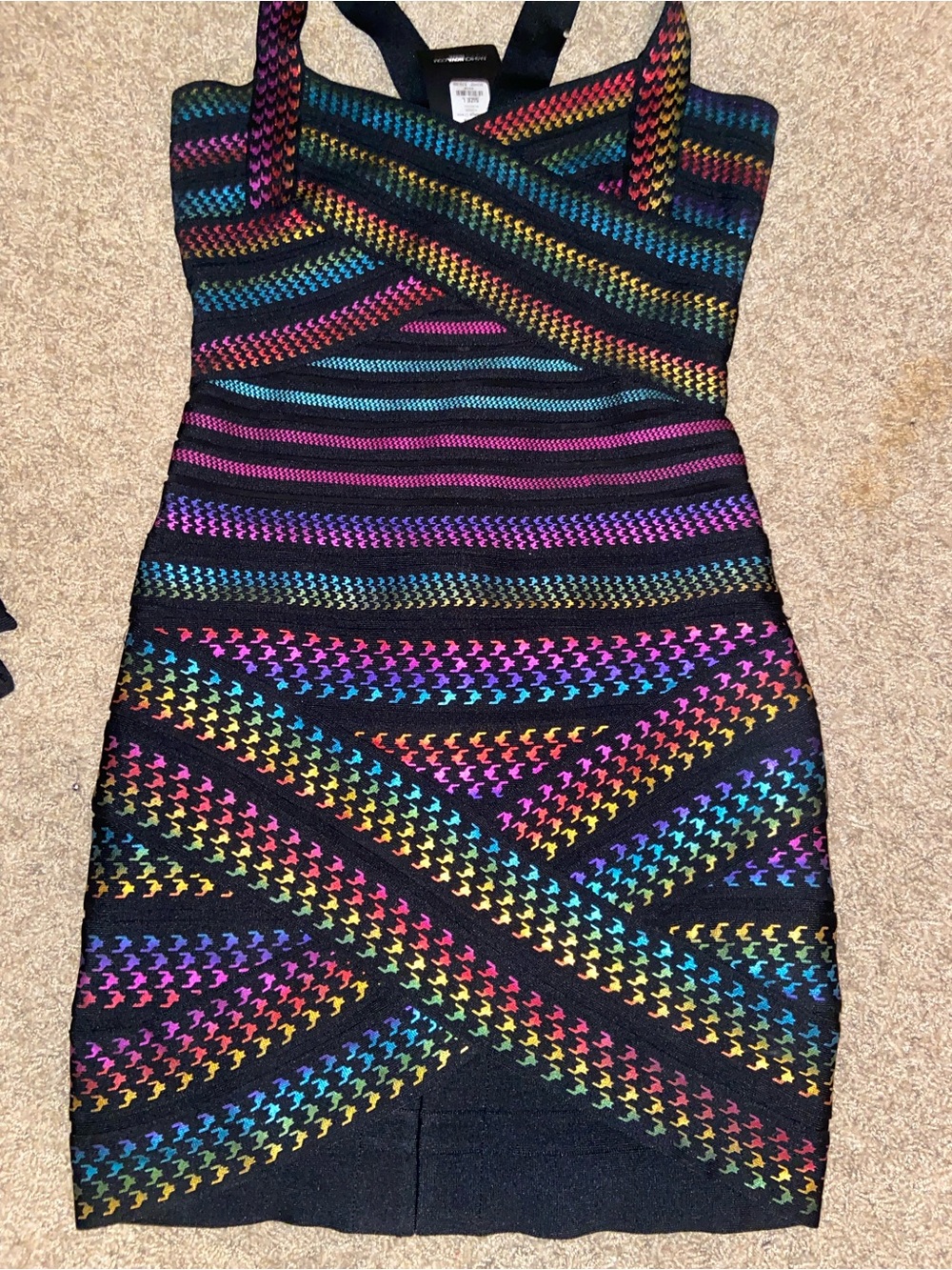 Black Multicolor Bodycon Dress with Rainbow Stripe Pattern